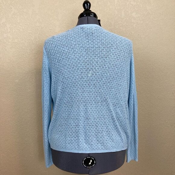 Tahari pointelle open lacy cardigan w/ shawl or waterfall neckline linen/rayon - Picture 3 of 7